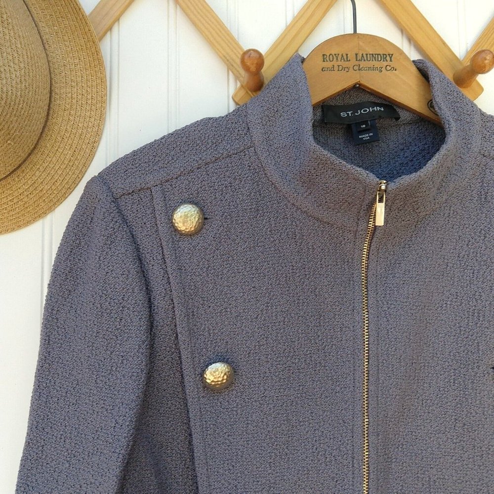 St. John Santana Knit Military Blazer Size 10 Gray Lavender Button Zip Front - Picture 2 of 10